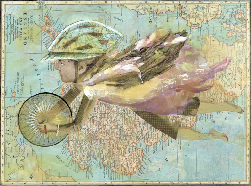 A woman flies above a map holding a compass rose
