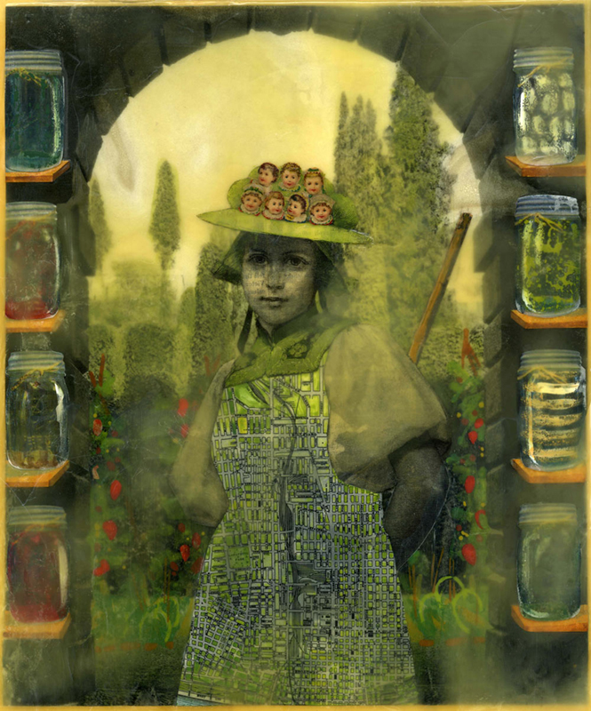 A woman in gardening clothes stands amid canning jars