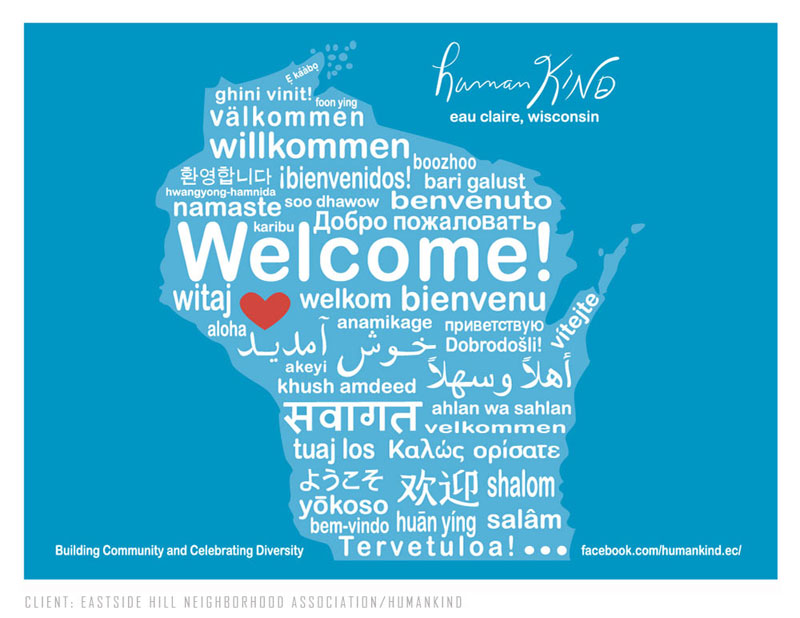 The shape of the state of Wisconsin filled with the word WELCOME in many languages