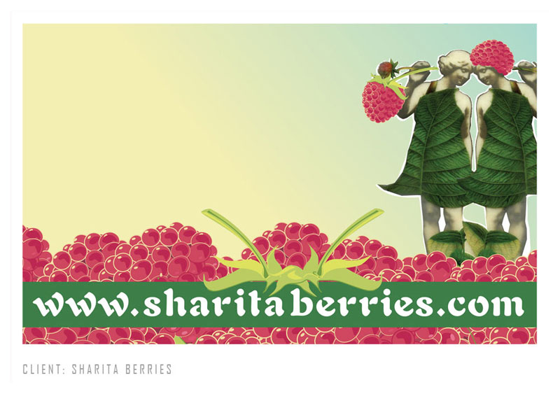 Two marble statues of women wearing leaf dresses in a field of giant berries